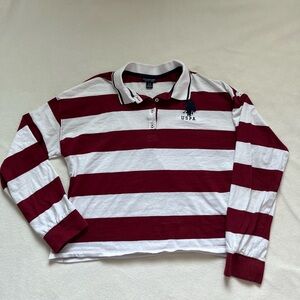 LG. 1990s US Polo Assn. red and white long sleeved collard shirt